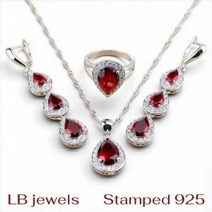 Garnet Cubic Zirconia Big Pear Cut Long Dangle , Ring size 7 - Necklace Set